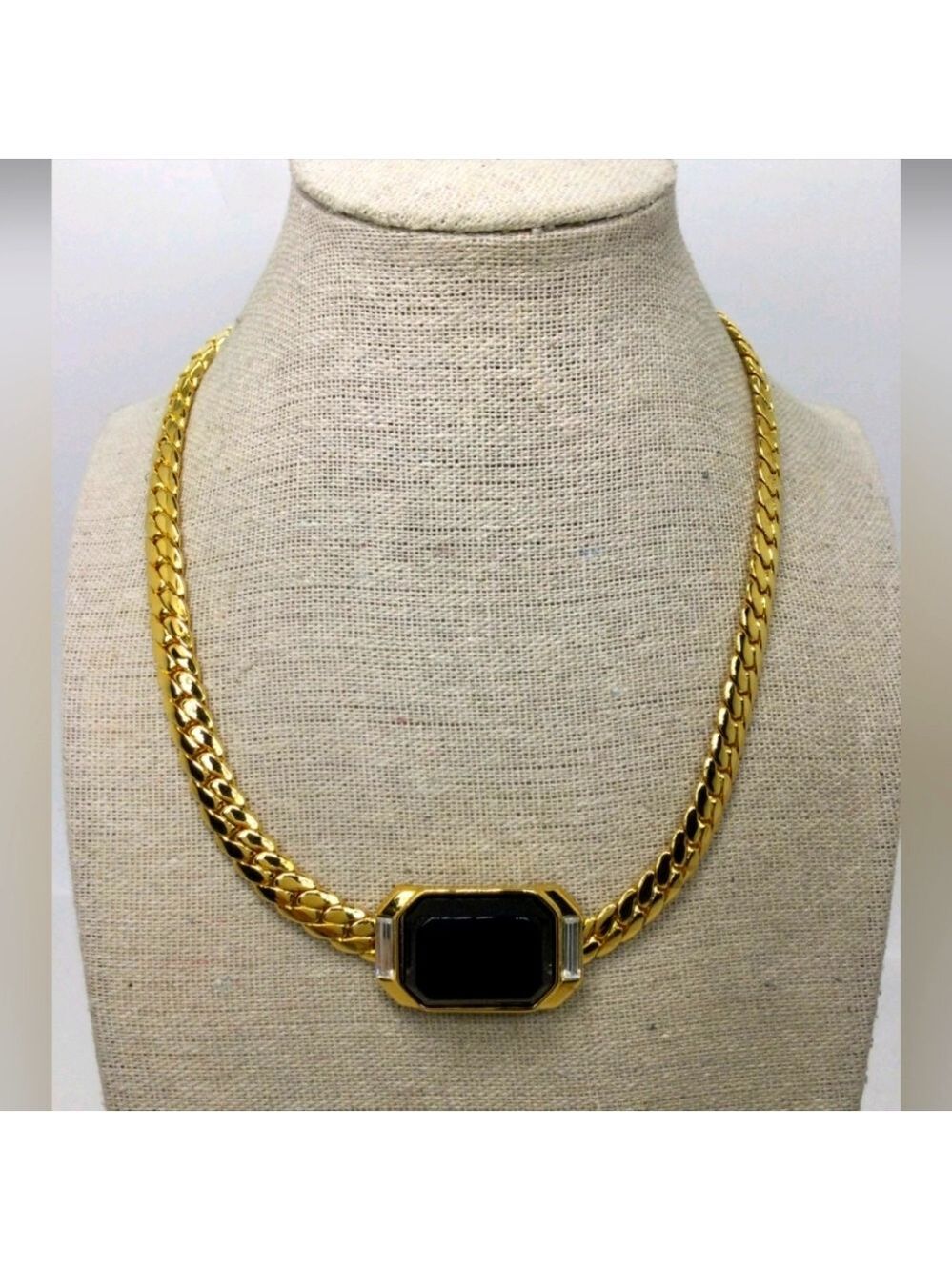 NWT Vintage Trifari Black Rhinestone Flat Chain Necklace